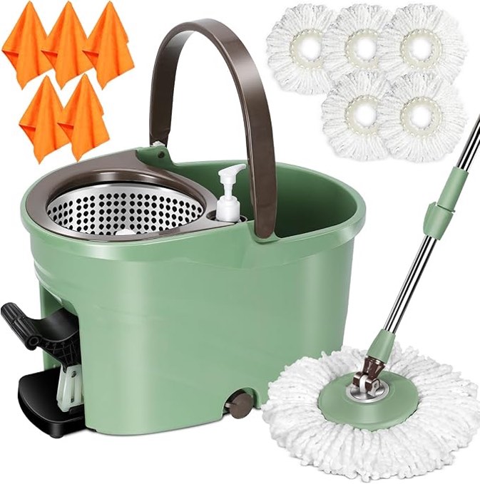 MASTERTOP Spin Mop and Bucket with Wringer Set, Floor Cleaning System with Foot Pedal, Easy Wring Spin Mops, Adjustable Handle, 5 Microfiber Mop Refills, 5 Cleaning Clothes, Hardwood Laminate Tiles