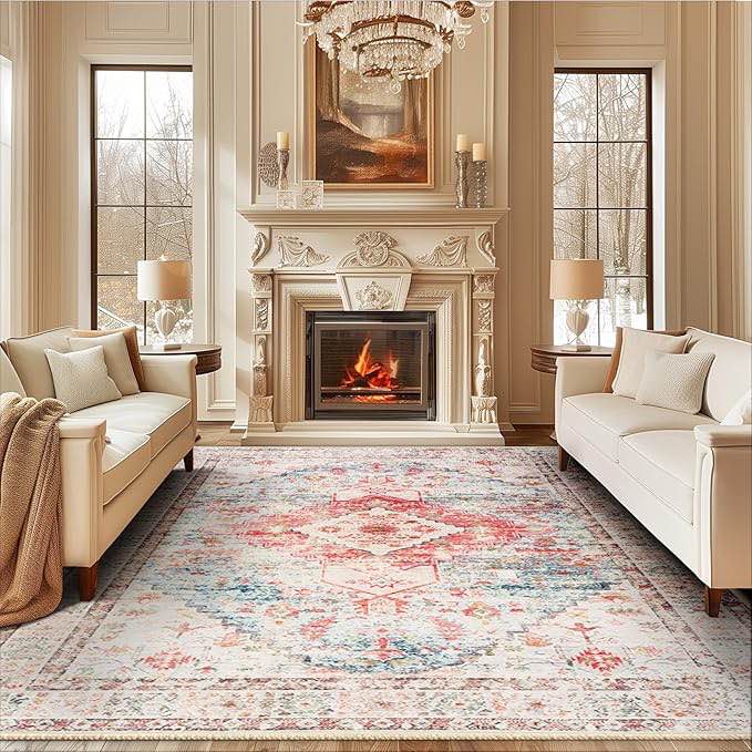 BESTSWEETIE Area Rug 8x10 Rugs for Living Room 8 x 10 Washable Rugs Non Slip Vintage Boho Living Room Rugs for Bedroom Dining Room, Distressed Pattern Carpet, Pink