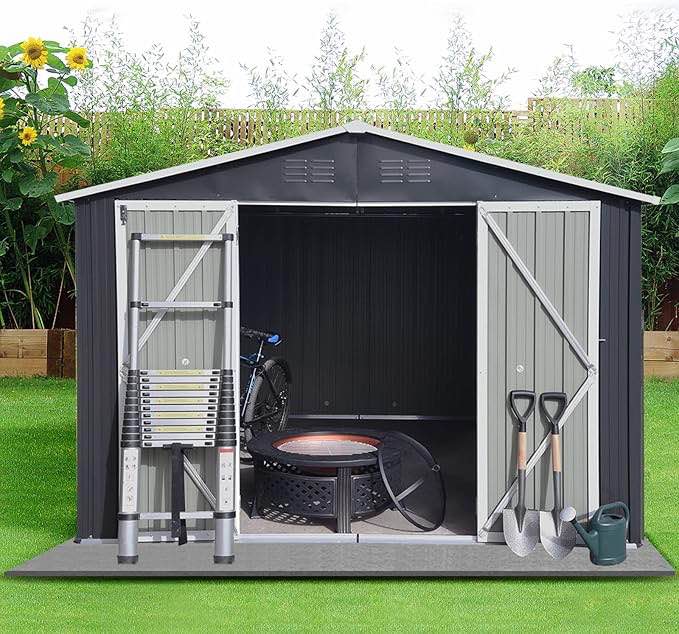 Lyromix 10' Ã— 8' Metal Outdoor Storage Shed with Door & Lock, Waterproof Garden Storage Tool Shed with Base Frame for Backyard Patio, Black. ( Imcomplete)