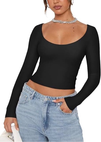 REORIA Womens Sexy Scoop Neck Long Sleeve Double Lined Basic Shirts Fitted Y2K Trendy Crop Tops