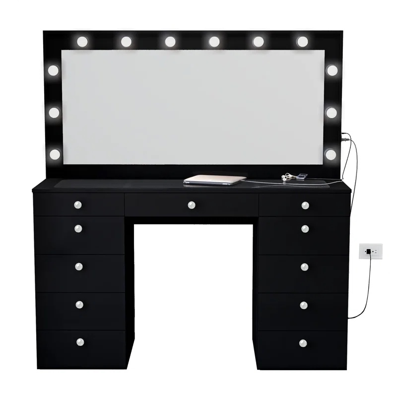 ( incomplete)( only mirror and glass top) Boahaus EXTRA-LARGE Makeup Vanity with Lights, 11 Drawers, Large Mirror, Built In Lights, Power Outlet, Glass Top