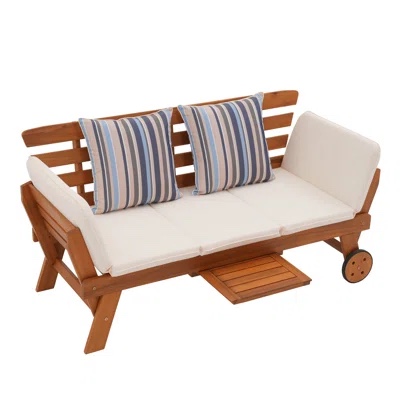 75.2’’ Acacia Outdoor Foldable Patio Daybed With Removable Cushions & Wheel