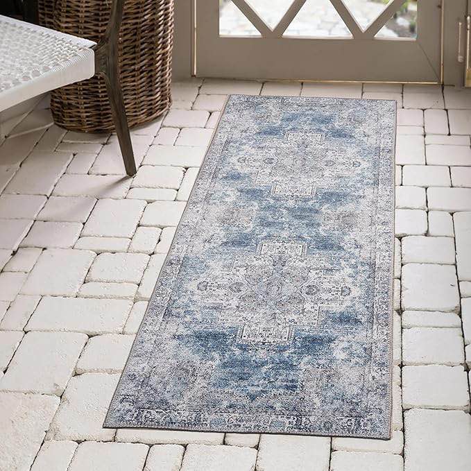 Monolia Machine Washable Area Rug, Non Slip Rug for Living Room, Bedroom, Bathroom, Kitchen, Vintage Home Decor, Boho Floor Decoration (2'6" x 6'6") 2'6" x 6'6" blue and gray 