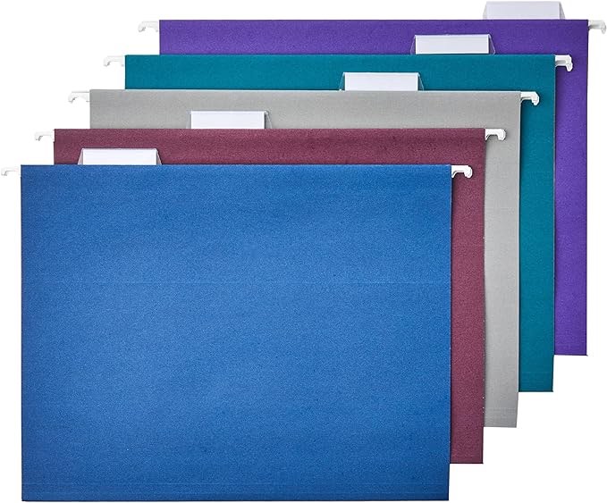 Amazon Basics Hanging Folders, Letter Size, Jewel-Tone Colors (Assorted), 25-Pack