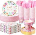 Irenare 50 Sets Tea Party Supplies Tableware Set Serves 50 Guest, Disposable Floral Party Paper Plates Teacups with Handles Lunch Napkins Knife Fork Spoon for Wedding Baby Shower Birthday