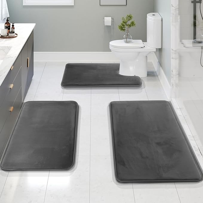 Clara Clark 3 Piece Bathroom Rugs Bath Mat Set, Velvet Memory Foam Bath Mats for Bathroom - Non-Slip, PVC Backing Bath Rugs, Washable Bathroom Rug Mats - Dries Quickly, Soft Grey Bathroom Rug Set Solid 3 Piece Set Grey