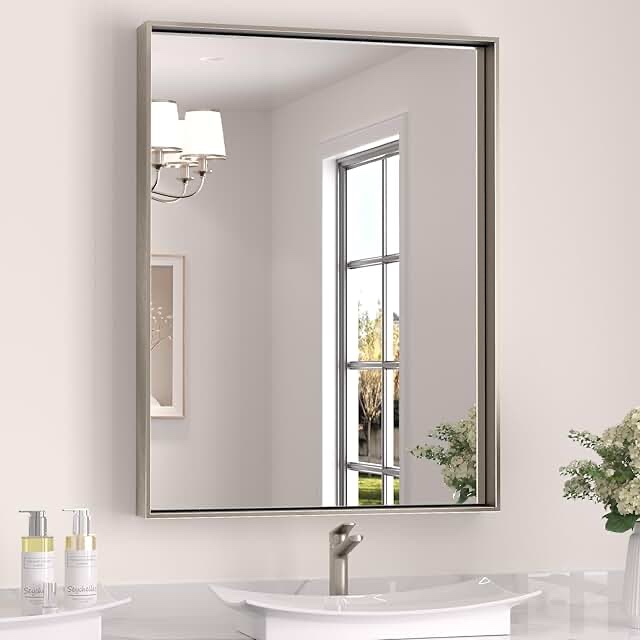 Keonjinn Silver Bathroom Vanity Mirror48” x 24” Brushed Nickel Wall Mirror for Bathroom, Rectangular Metal Framed Mirror Square Corner Farmhouse Mirror Modern Full Length Mirror(Horizontal/Vertical)