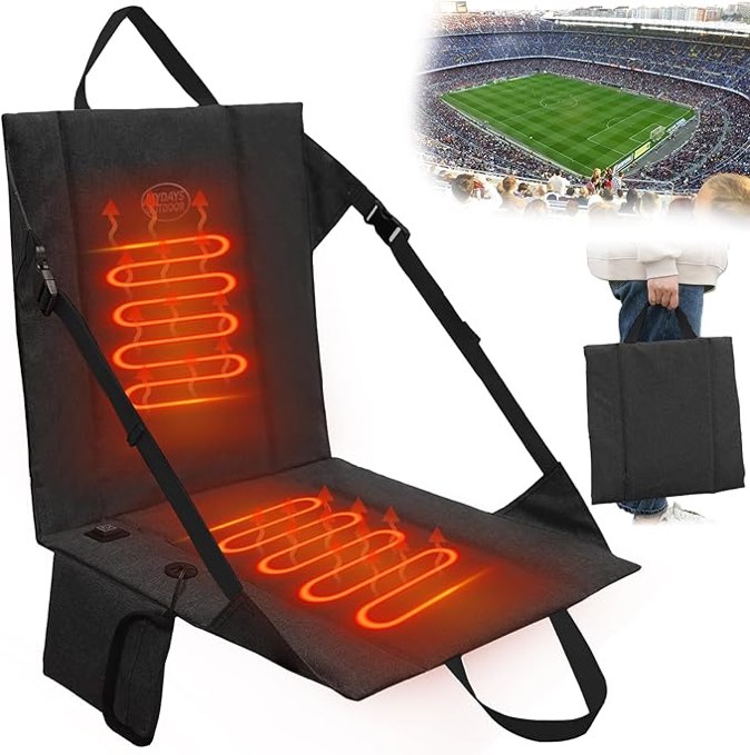 Heated Stadium Seat Cushion Pad Cordless Rechargeable 149F USB Battery Heated Bleacher Cushion Portable Heating Pad with Backrest Heating for Outdoor Camping, Fishing - 3 Heat Settings (NO Power Bank) Black