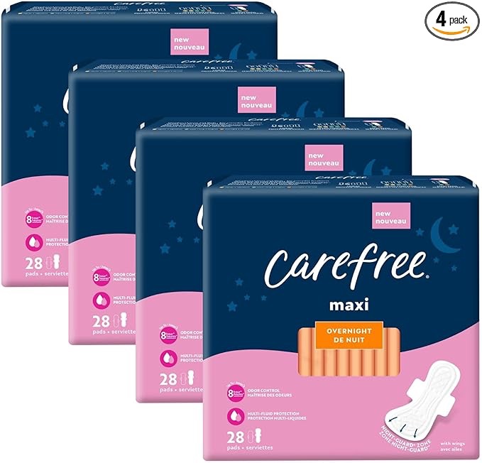 Carefree Maxi Pads for Women, Overnight Pads With Wings, 112ct (4 Packs of 28ct) | Carefree Pads, Feminine Care, Period Pads & Postpartum Pads | 112ct (4 Packs of 28ct)