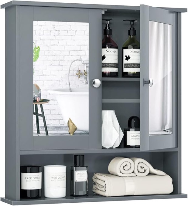 Tangkula Bathroom Cabinet Wall Mounted with Double Mirror Doors, Wood Hanging Cabinet with Shelves, Wall Mirror Cabinet (Gray)