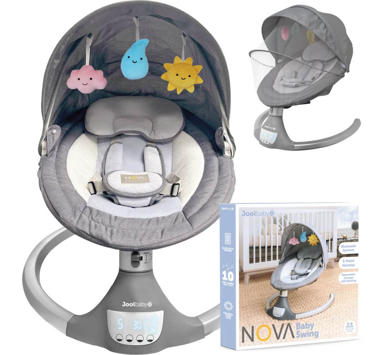 Nova Baby Swing for Infants - Motorized Swing, Bluetooth Music Speaker with 10 Preset Melodies, Remote Control, Gray