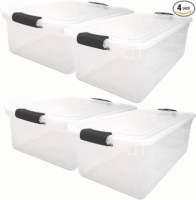 HOMZ Stackable Transparent Plastic Storage Containers with 64 Quarters, Black Closures, Pack of 4