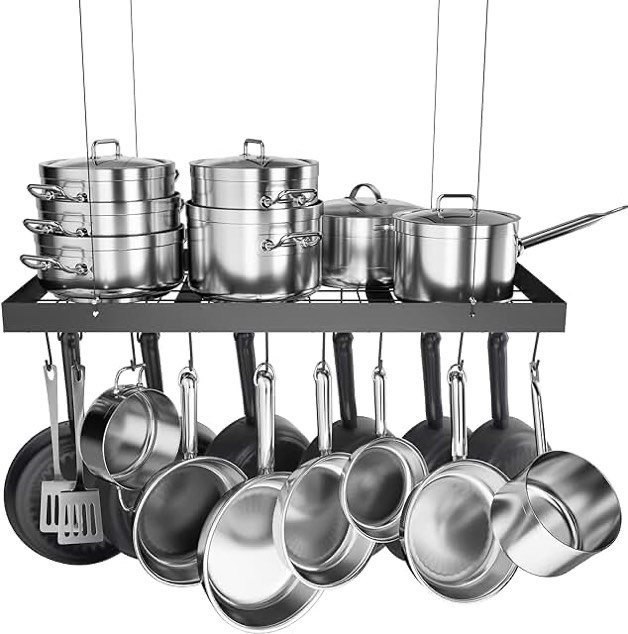 KES Ceiling Pot Rack 30 Inches, Hanging Pots and Pans Organizer Rack for Ceiling with 15 Hooks, Matt Black Kitchen Pot Hanger Rack, KUR219S75-BK 30" Rectangular