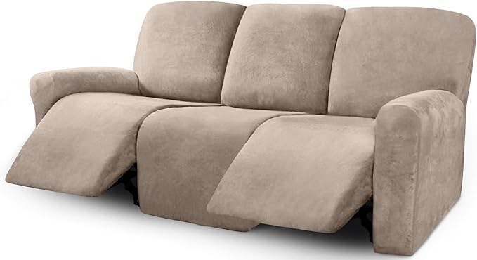 ULTICOR 7-Piece L Shape Sectional Recliner Sofa Covers, Velvet Stretch Reclining Couch Covers for Reclining L Shape Sofa, Thick, Soft, Washable (Taupe, L Shape 5 Seat Recliner Cover)