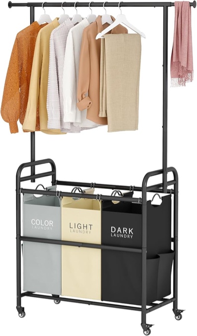 Tajsoon Laundry Cart with Clothes Rack, Laundry Hamper with Storage Basket and storage Shelf, Rolling Laundry Cart with Hanging Garment Rack, Lockable Wheels, Metal, Black