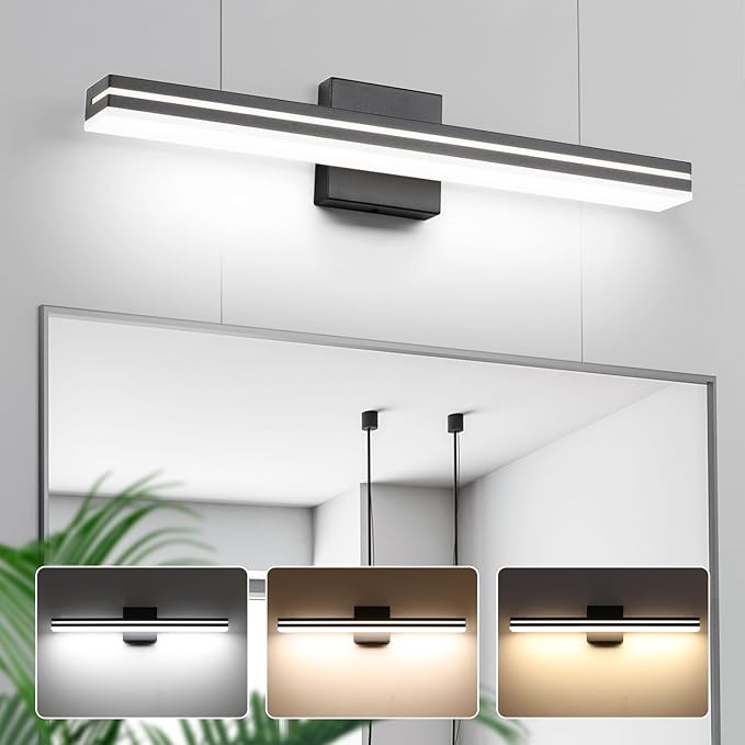 SineRise LED Modern Bathroom Vanity Light Bar (24-Inch, 3000K/4000K/6000K), Matte Black Modern Acrylic Bathroom Wall Lighting Fixtures Over Mirror