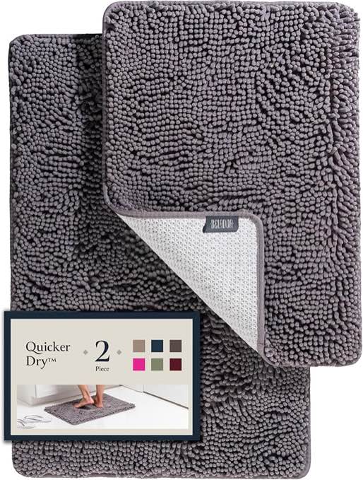 Laura Ashley Butter Chenille Bath Rug, Absorbent Shaggy Bathroom Mat, Non Slip Plush Carpet Rugs for Tub and Sink - 2 Piece (17" x 24" and 20" x 34") grey