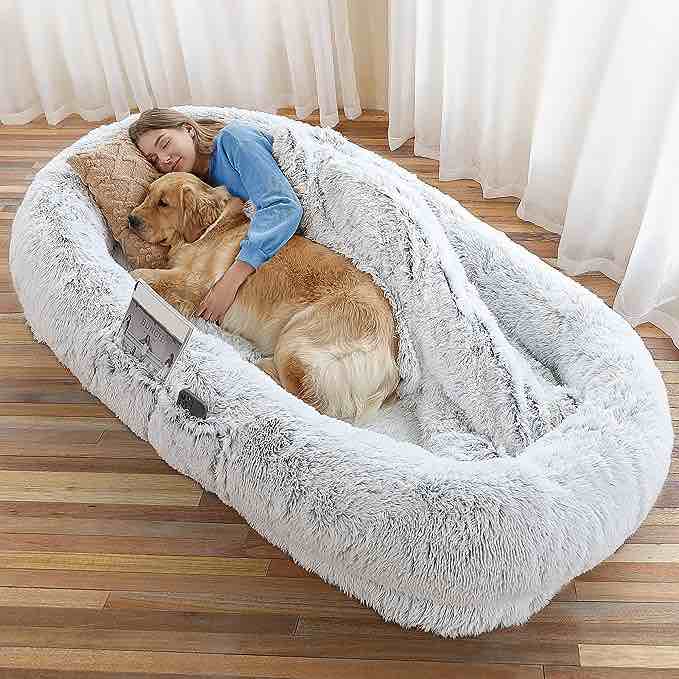Human Dog Bed, 71''x45''x12'' Size Fits You and Pets, Washable Faux Fur Dog Bed for People Doze Off, Napping Orthopedic Dog Bed, Present Plump Pillow, Blanket, Strap - Grey