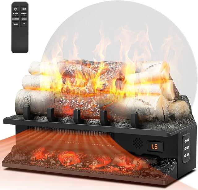 Joy Pebble Electric Fireplace Log Heater 750W/1500W, 20" Electric Fireplace Insert Log Set, Adjustable 5 Flame Brightness&Speed,4 Sound of Flame,Remote Control&8H Timer for Home Room Whitish Logs