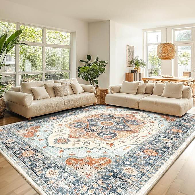 8x10 Area Rugs Machine Washable 8x10 Rug Low Pile Carpet No Shedding Area Rugs for Living Room Bedroom Dining Room Kitchen Entrance Indoor-Blue White