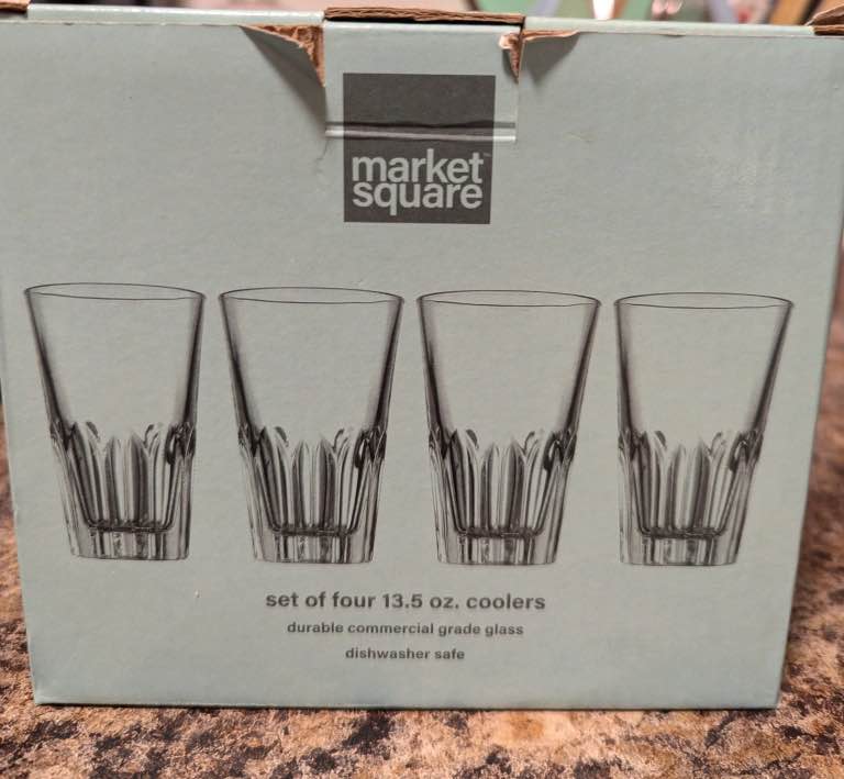 Set of four 13.5 oz. glass coolers. Durable commercial grade glass. Dishwasher safe.