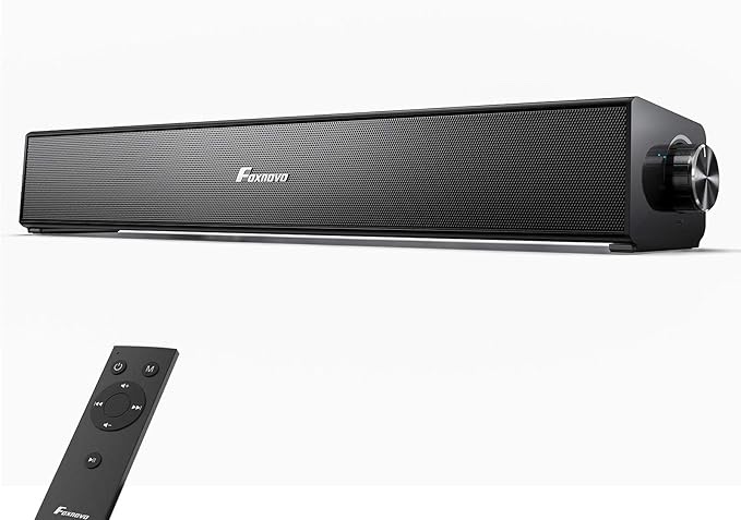 Foxnovo Soundbar, Soundbar TV 20W Wired and Wireless Home Theater Bluetooth Speaker Audio Surround Bluetooth Soundbar for TV, PC, Cell Phone, Tablets Projector or Wireless Devices (Black) (10W)