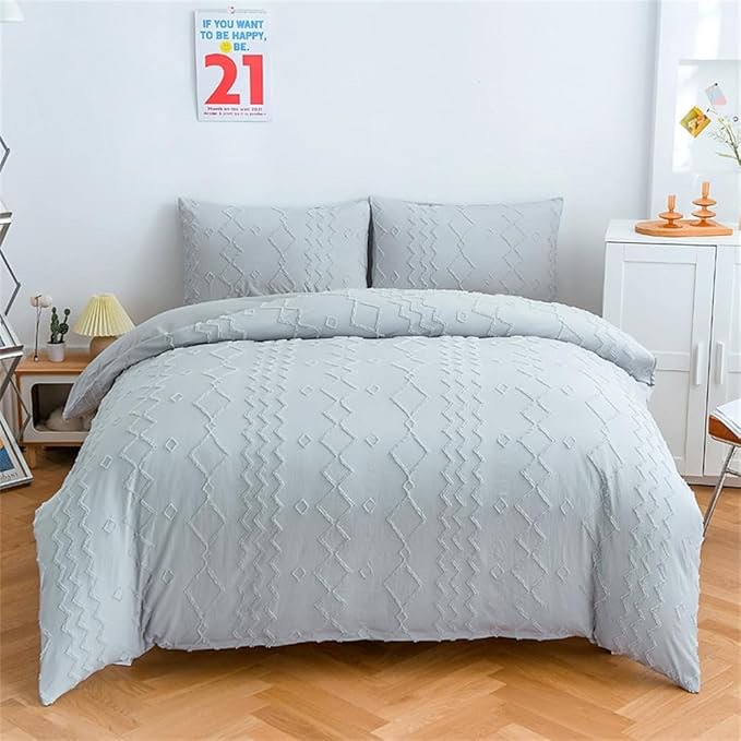 INFLAG Duvet Cover Twin Size - Boho Bedding Duvet Cover Sets 3 Piece Tufted Duvet Cover Set, 1 Comforter Cover 68"x90" + 2 Pillowcases with Corner Ties & Zipper Closure (Light Gray,Twin)