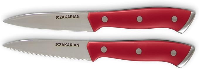 Zakarian by Dash 2 Piece Chef Grade German Steel Paring Knife Set with Smooth and Serrated Blades for Chopping, Dicing, Mincing, Slicing and More – Red