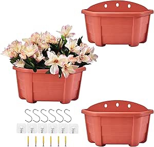 3 Wall Hanging Planters for Railing, Plants & Flowers Plastic Pots Baskets for Balcony Fence Garden Outdoor Indoor (Terracotta red Color), 9.84”