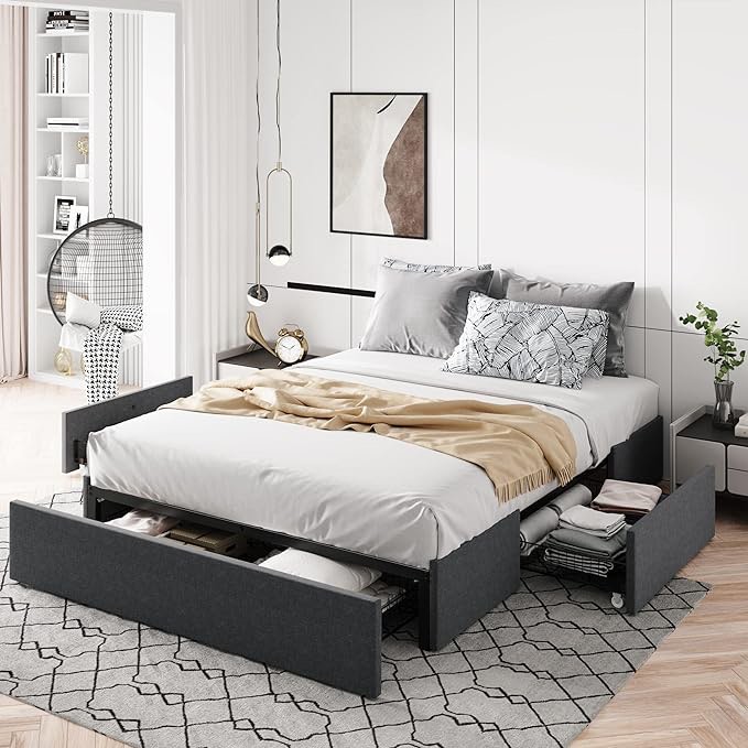 Allewie Base de cama de plataforma tamaño Queen con 3 cajones de almacenamiento, tapizada de tela, soporte de listones de madera, no necesita somier, sin ruido, fácil montaje, gris oscuro