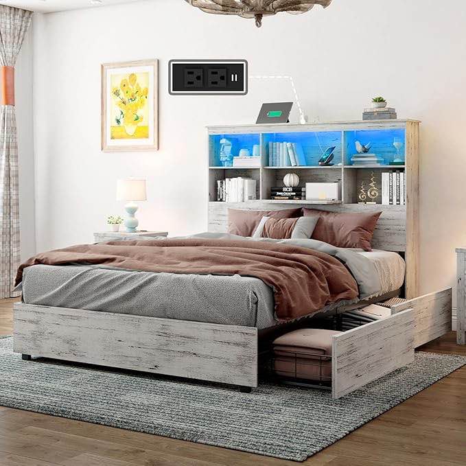 Base de cama tamaño Queen con cabecera de estantería LED, cama de almacenamiento de madera con estación de carga y 4 cajones, no necesita somier, sin ruido, abedul blanco