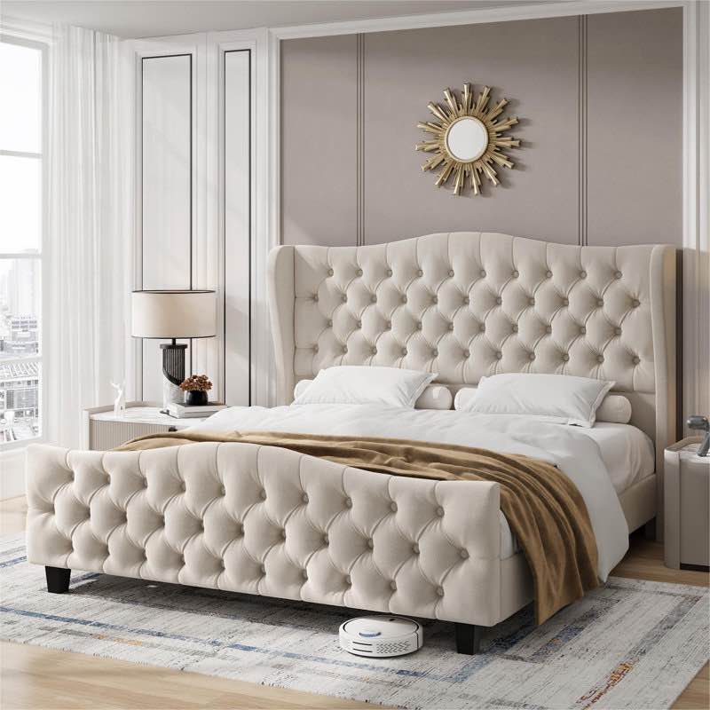 Vernita 54.3" Handmade Tufted Tall Bed Frame with Velvet Headboard, Tall Wing-Back Platform Bed