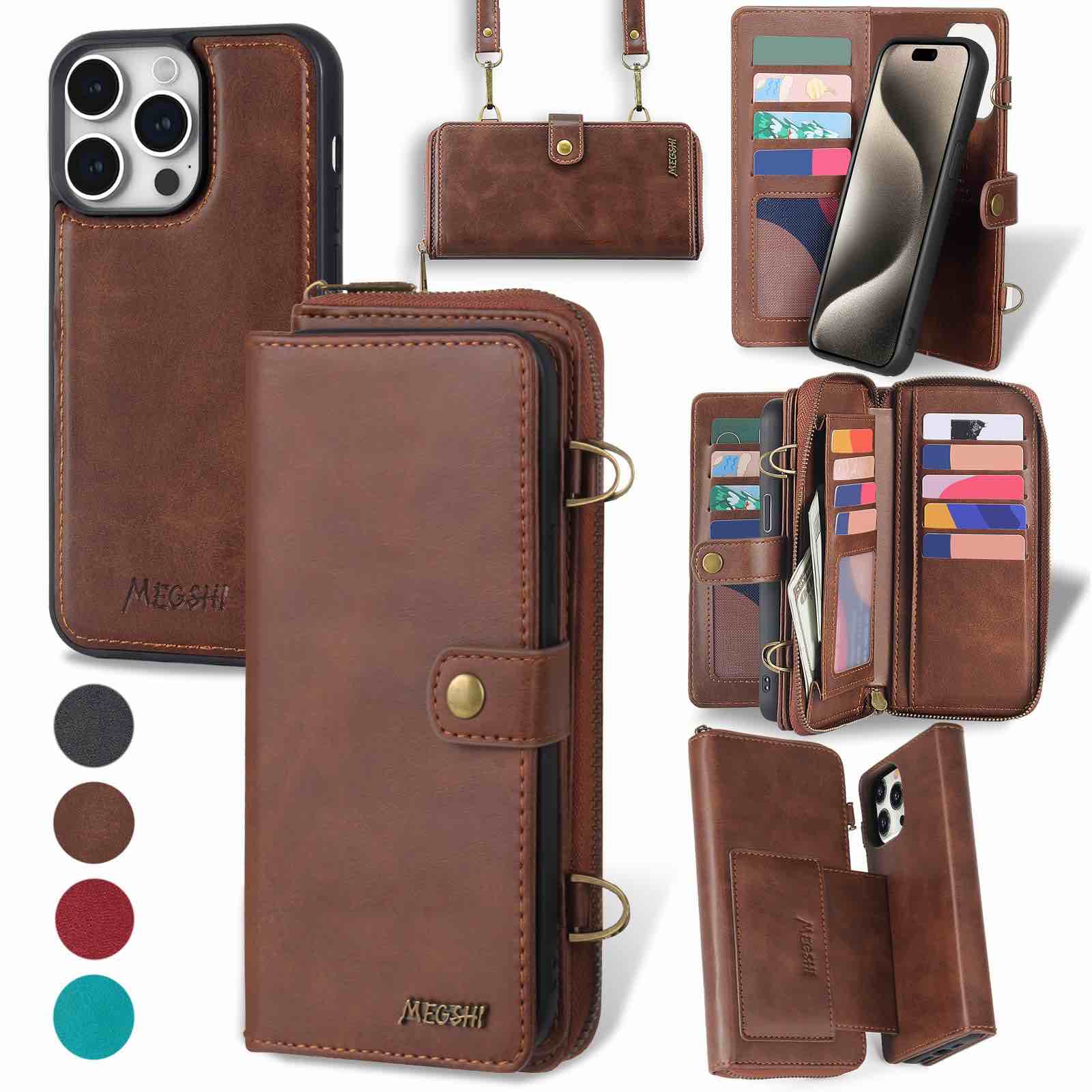 TwoHead for iPhone 11 max Wallet Case, Multi-Function Detachable 3 in 1 Magnetic Phone Case Wallet, Flip Strap Zipper Card Holder Phone Case with Shoulder Straps for iPhone 13 Pro(Blue) iPhone 13 Pro Brown 