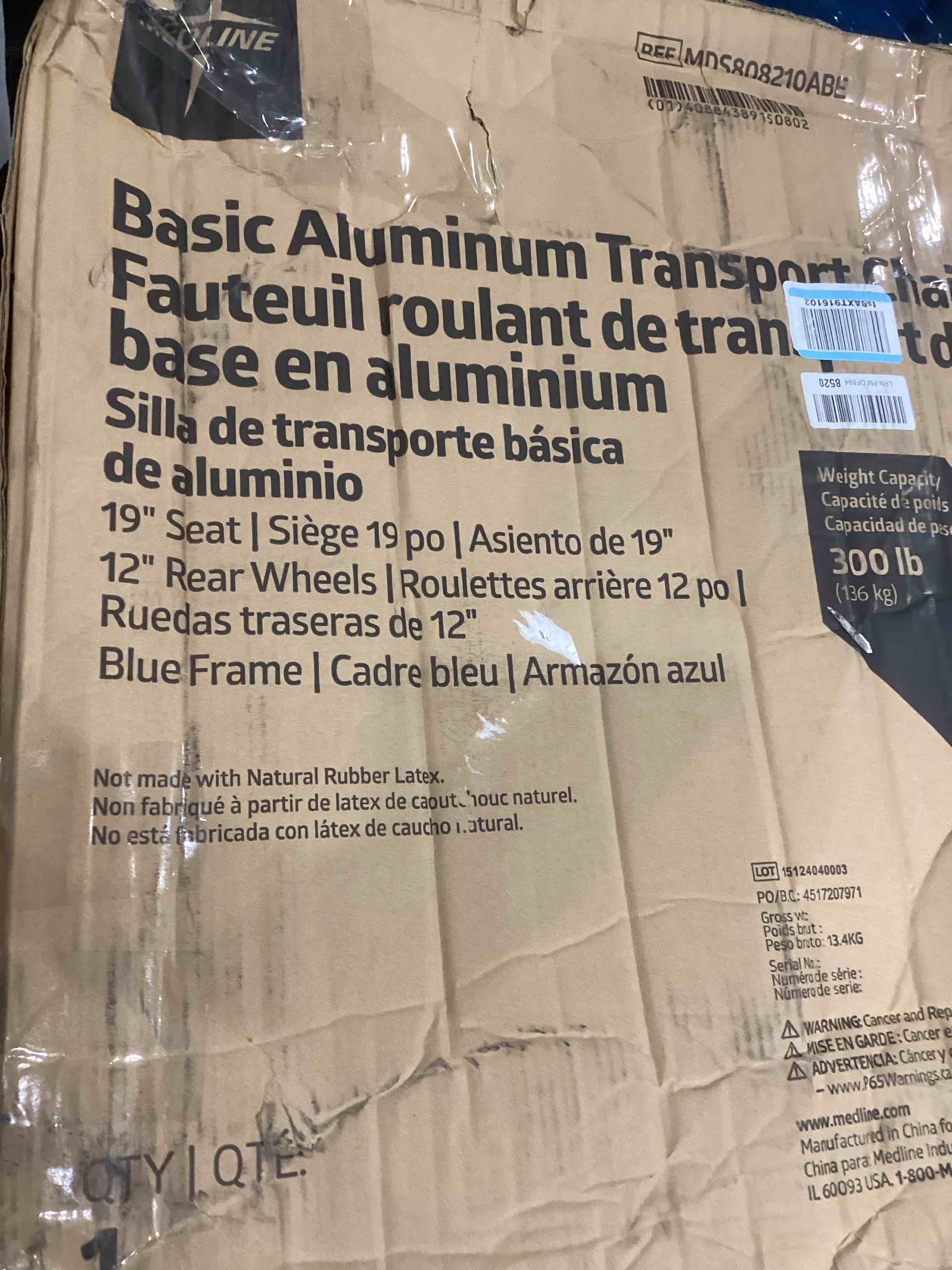 Medline Lightweight Foldable Transport Wheelchair with Handbrakes and 12-Inch Wheels  Blue Frame  Black Upholstery