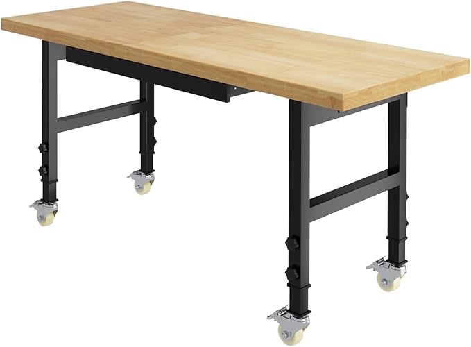 60" Adjustable Height Workbench with Heavy-Duty Locking Casters Work Table, Mobile Wooden Work Table with powerboard and Drawer, for Garage, Workshop, Office