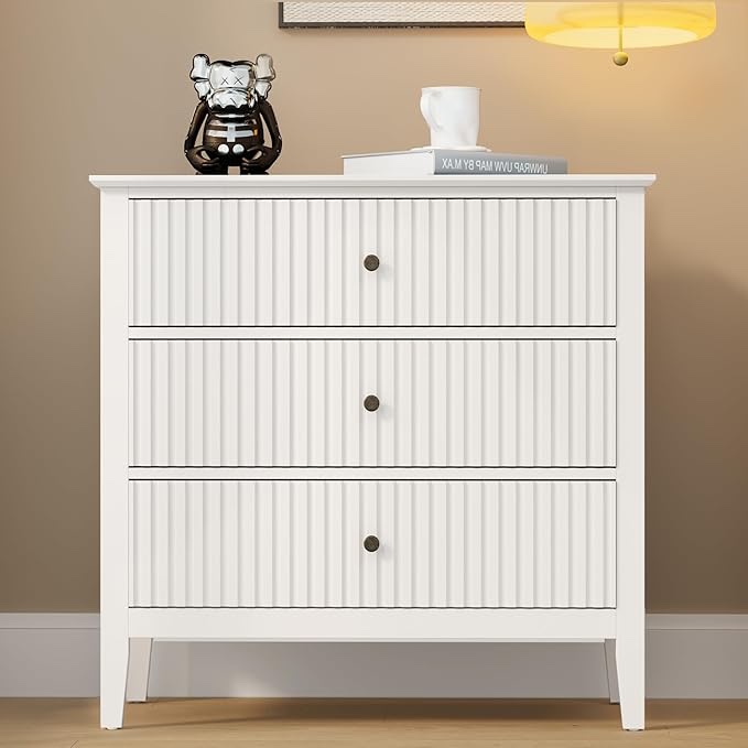RoyalCraft White 3 Drawer Dresser, Fluted Wood Drawers for Bedroom, Modern Wide Nightstand with Spacious Storage for Bedroom, Hallway, Entryway