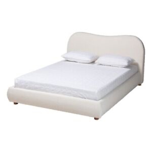 Baxton Studio Maya Cream Boucle Fabric and Brown Wood Queen Size Platform Bed