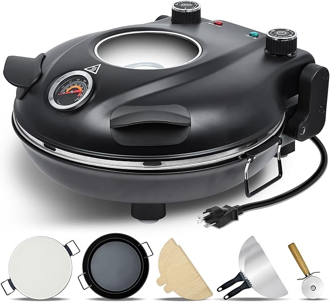 Upgrade Davivy 12" Crispy Pizza Oven with Timer, Pizza Stone & Grill Pan, Indoor Portable Pizza Oven Countertop, Indoor Electric Pizza Maker Machine for Home Heats up to 800?F - Black
