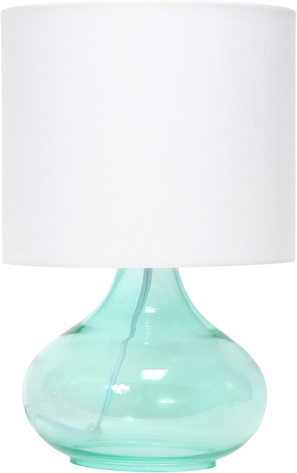 Simple Designs LT2063-AOW Small Glass Raindrop Bedside Table Lamp with White Fabric Shade, Aqua