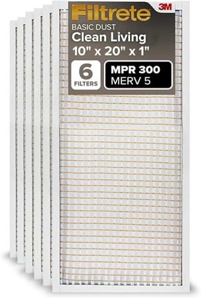 Filtrete 10x20x1 Air Filter MPR 300 MERV 5, Clean Living Basic Dust, 6-Pack (exact dimensions 9.81 x 19.81 x 0.81)