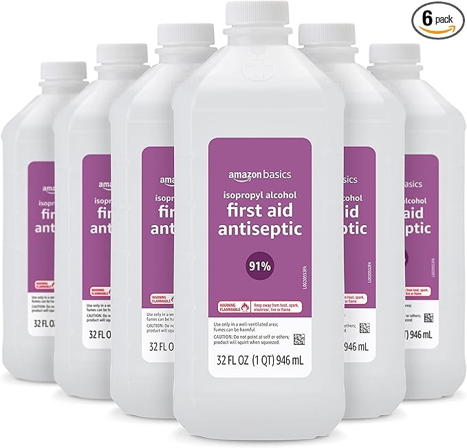 Amazon Basics 91% Isopropyl Alcohol First Aid Antiseptic, Unscented 32 Fl Oz (Pack of 6) (Previously Solimo)