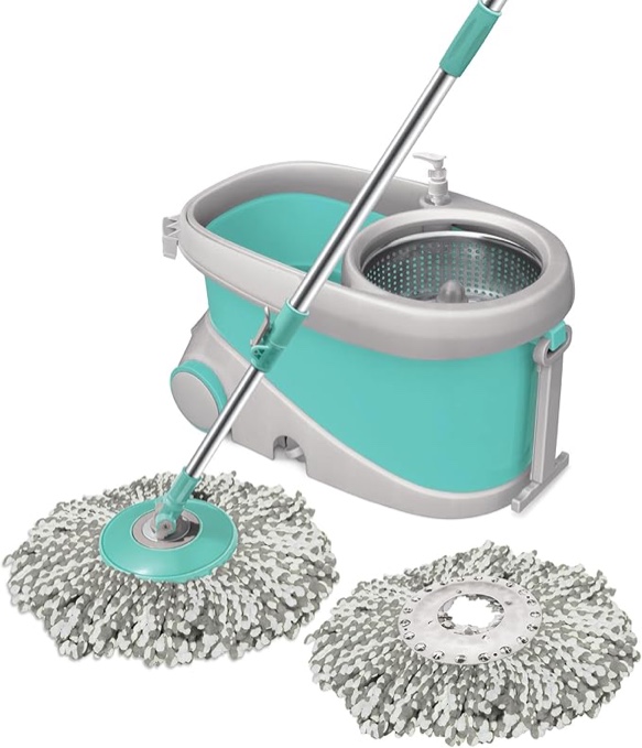 Spotzero by Milton Prime Spin Mop Bucket on Wheels Set, Extendable Handle and Stainless Steel Wringer | 360 Spinning Mop Bucket Floor Cleaning & Mopping System with 2 Microfiber Refills | Aqua Green