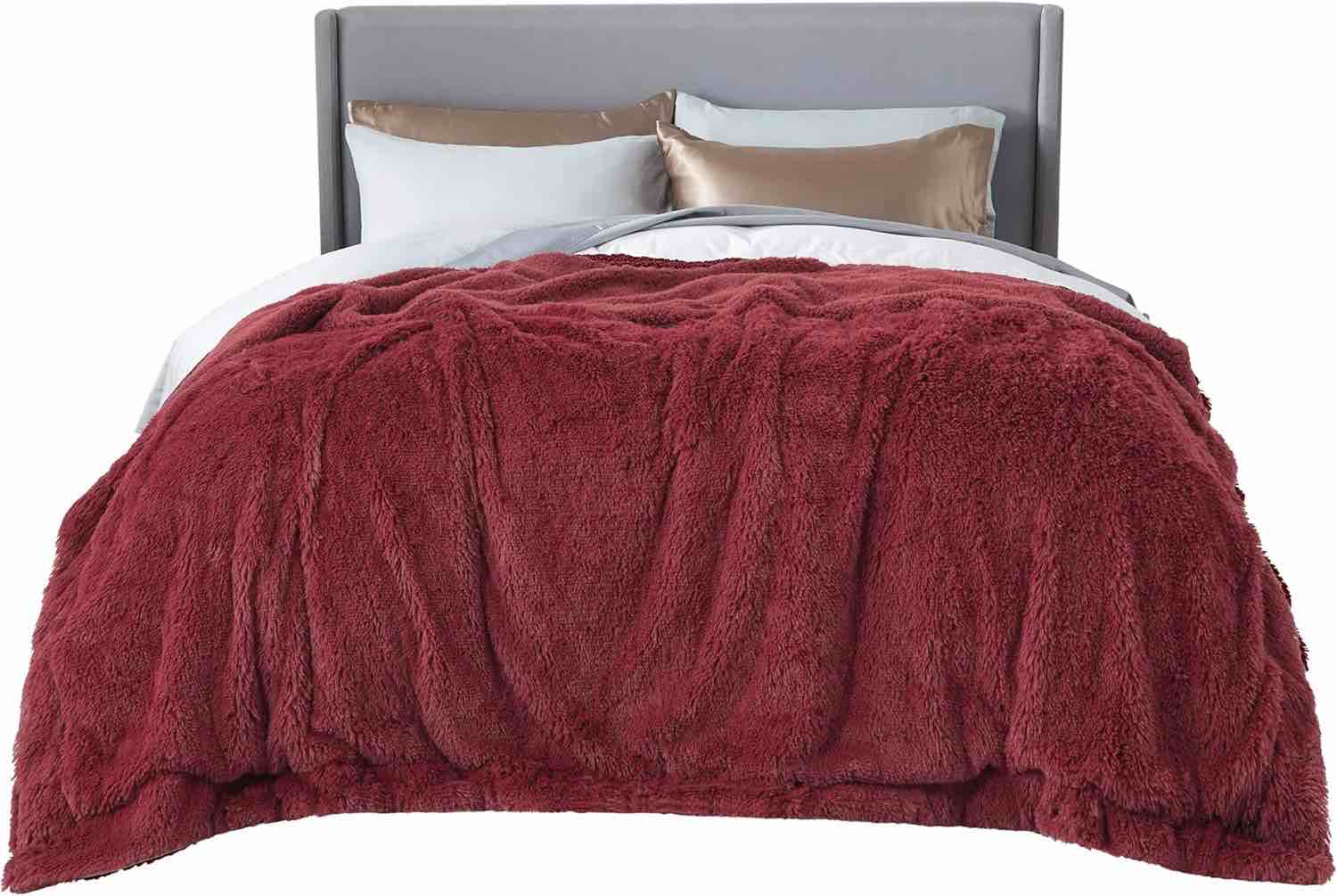 Bedsure Faux Fur King Size Blanket Burgundy – Fuzzy, Fluffy, and Shaggy Faux Fur, Soft and Thick Sherpa, Tie-dye Decorative Gift, King Blanket for Bed, 108x90 Inches, 380 GSM