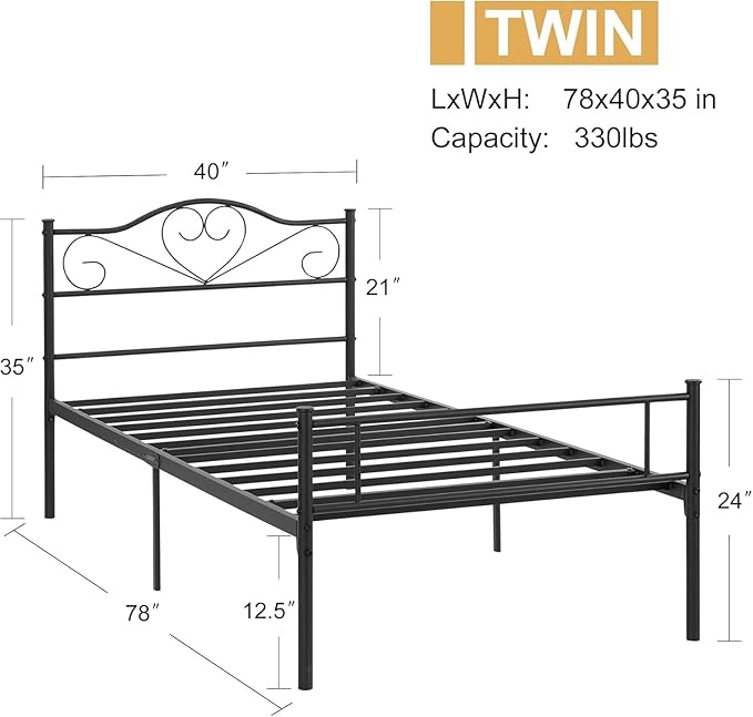 VECELO Metal Twin Size Bed Frame with Headboard and Footboard, Iron Mattress Foundation No Box Spring Needed, Heavy Duty/Easy Set Up, 2 PCS, White