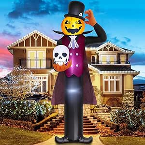 12FT Giant Halloween Inflatables Decorations Pumpkin Vampire Holding Skull Built-in LEDs Blow Ups Yard Decoration Outdoor Large Huge Pumpkin Spooky Inflatable for Holiday Party Lawn Garden Indoor