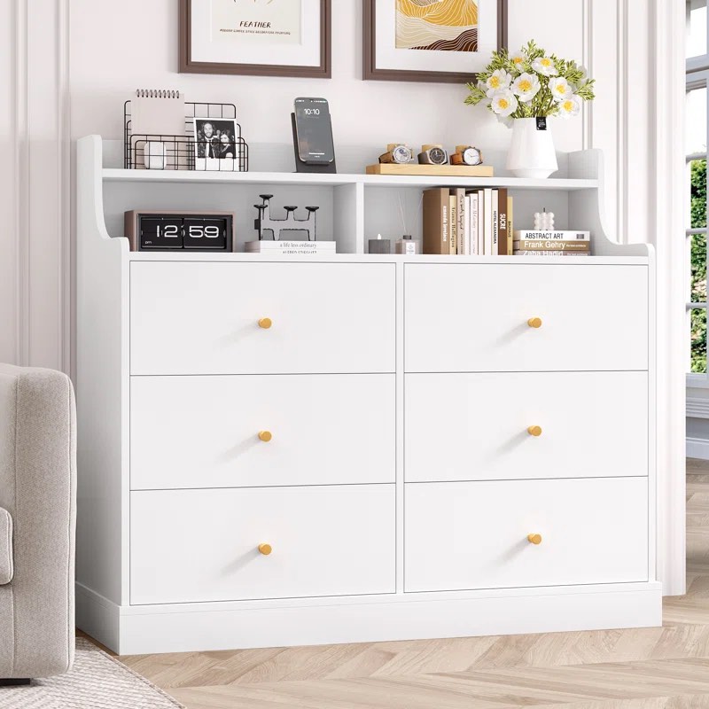 Margene 43.3" W 6 Drawer Dresser, Modern White Dresser, Storage Chest with Open Shelf, Vanity Table