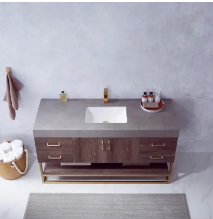 Miseno Alistair 60" Free Standing Single Basin Vanity Set with Cabinet and Stone Vanity Top with USB Port and Electrical Outlet