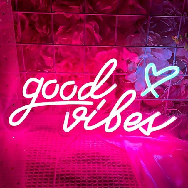 Good Vibes Neon Signs for Wall Decor, Pink Neon Lights Sign with Heart, LED Neon Light for Bedroom Dorm Girl Room Studio Party - 16 x 8 inch