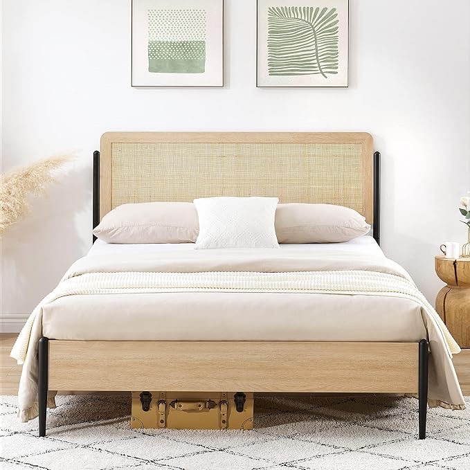IDEALHOUSE Full Size Metal Bed Frame with Curved Rattan Headboard and Wooden Footboard, Platform Bed Frame with Under Bed Storage, Strong Metal Slat Support, No Box Spring Needed, Modern, White Oak