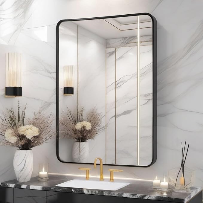18"x24" Black Bathroom Mirror for Over Sink, Dresser, Rectangle Wall Mirror, Wall-Mounted Metal Framed Vanity Mirror for Restroom Entryway Hallway Bedroom Living Room
